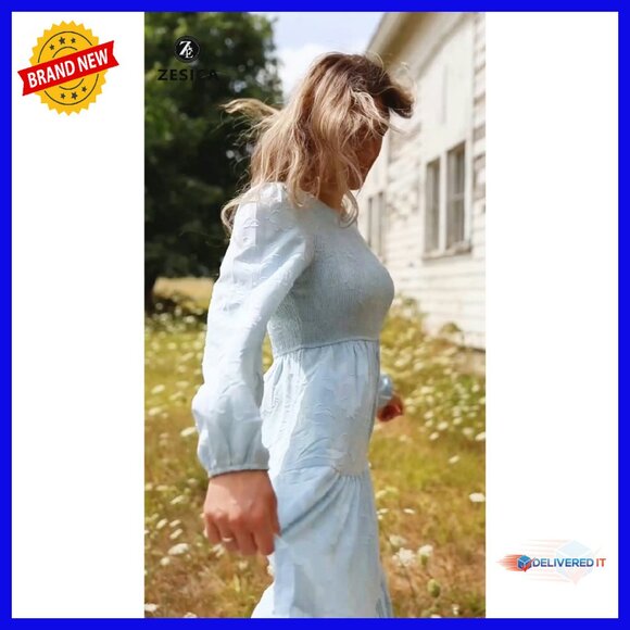 Boho Floral Midi Dress Long Sleeve Crewneck A-Line Fall Wedding Guest - Picture 8 of 8